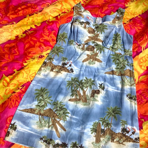 Hilo Hatties 1990s tropical Hawaiian light blue sleeveless sheath dress size 14 - Picture 15 of 15
